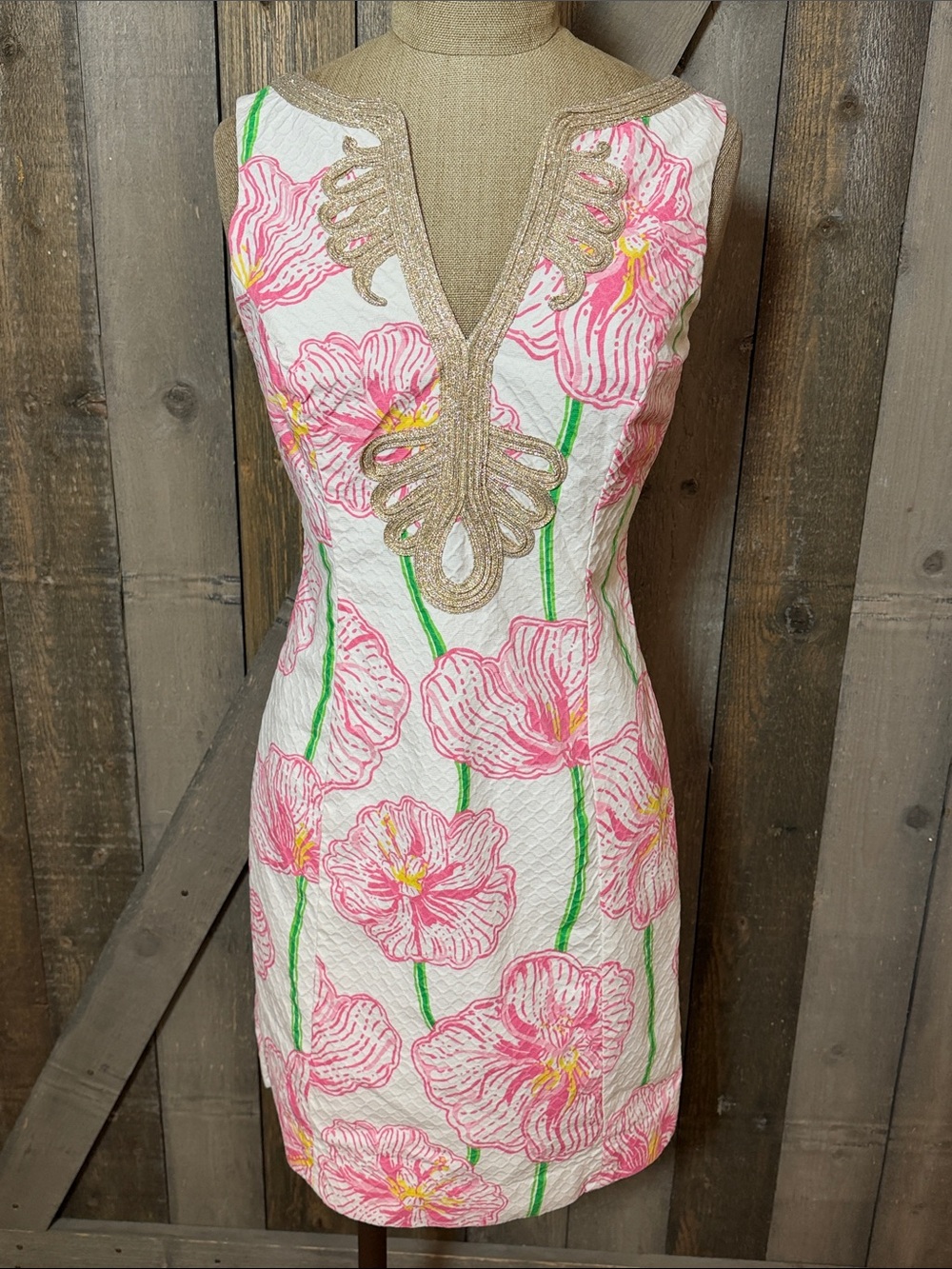 Lilly Pulitzer White Floral Cotton Mini Shift Dress Gold Embroidered Trim Size 2